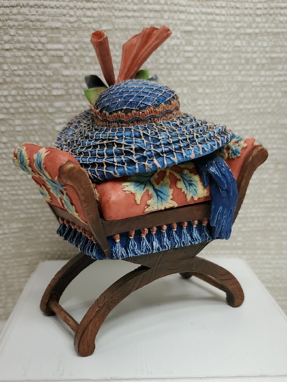 Willow Hall Geneva Blue Orange Floral Bench Hat & Gloves Trinket Box